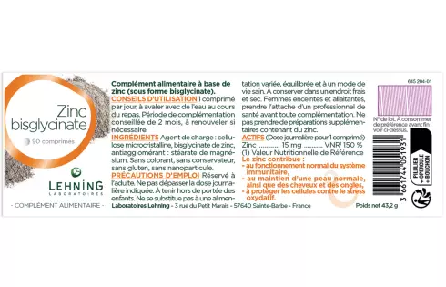 Zinc Bisglycinate comprimés Laboratoires Lehning
